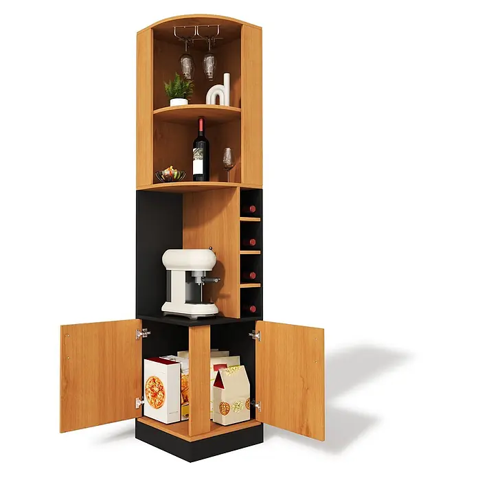 SONNENH Eck-Weinschrank 40 x 40 x 182 cm, Natur -  - Eckbarvitrine aus Holz und Schwarz mit oberen Regalen, einem Weinregal für 5 Flaschen, unteren Schränken mit offenen Türen und einer Kaffeemaschine.