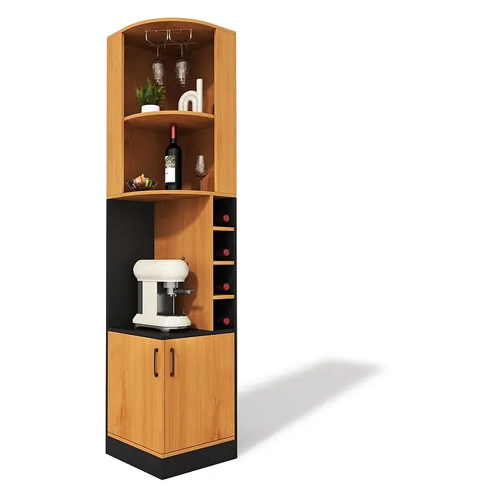 SONNENH Eck-Weinschrank 40 x 40 x 182 cm, Natur -  - Eck-Minibar-Schrank in hellem Holz und Schwarz mit Regalen, Weinregalen und einer Kaffeemaschinen-Sektion.