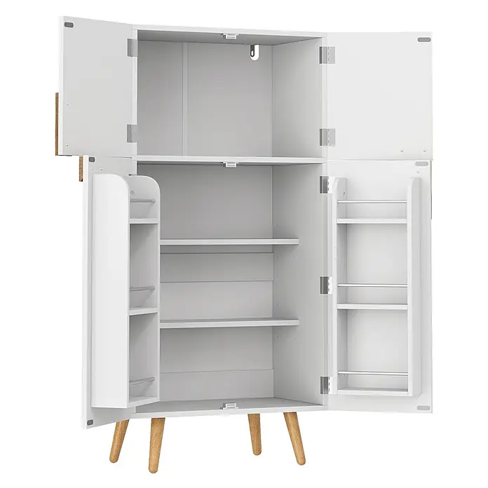 SONNENH Vorratsschrank 60 x 35 x 120 cm, Weiß/Natur -  - Weißer Schrank mit geöffneten Türen, mehreren Innenregalen und Türablagen, auf Holzbeinen stehend.