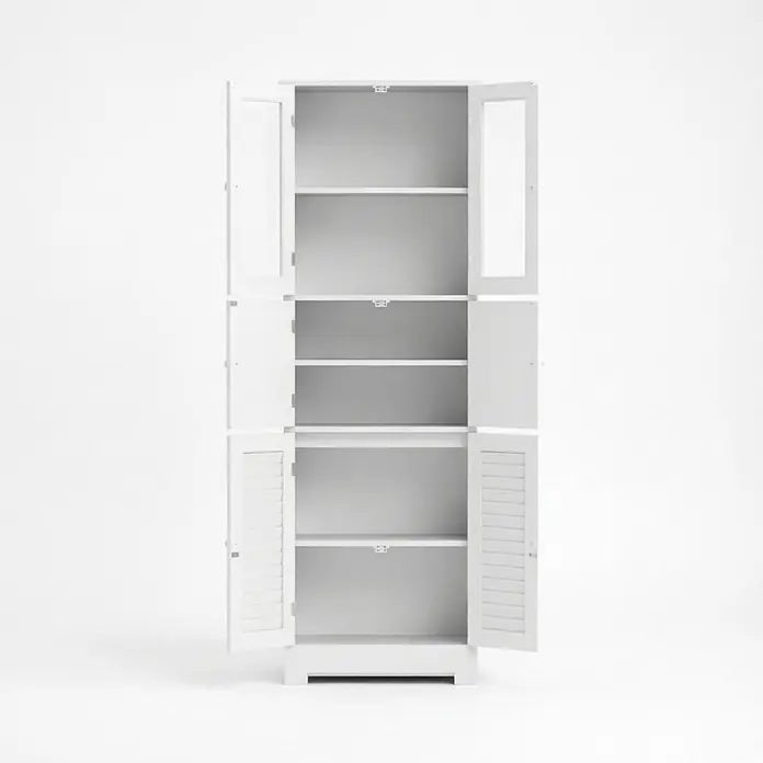 SONNENH Mehrzweckschrank 60 x 30 x 170,5 cm, Weiß -  - Weißer Schrank mit zwei oberen Glastüren und zwei unteren Lamellentüren offen, mehrere Einlegeböden sichtbar.