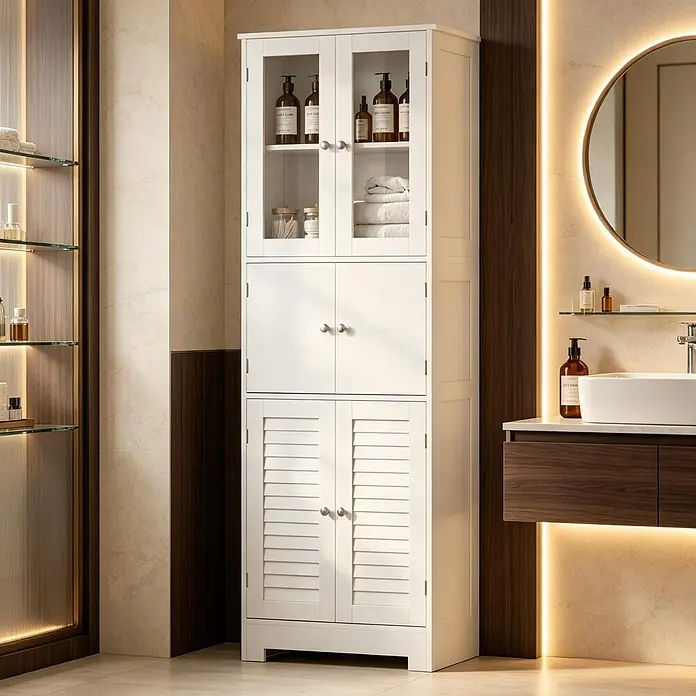 SONNENH Mehrzweckschrank 60 x 30 x 170,5 cm, Weiß -  - Weißer hoher Badezimmer-Wäscheschrank mit Glas-, Voll- und Lamellentüren.