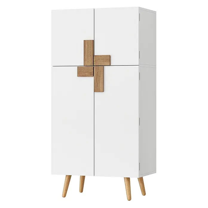 SONNENH Vorratsschrank 60 x 35 x 120 cm, Weiß/Natur -  - Weißer Schrank mit einzigartigen kreuzförmigen Holzgriffen und konischen Holzbeinen.