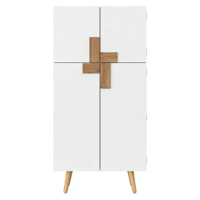 SONNENH Vorratsschrank 60 x 35 x 120 cm, Weiß/Natur -  - Weißer Schrank mit vier Türen, kreuzförmigen Holzgriffen und konischen Holzbeinen.