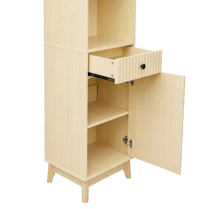 SONNENH Hochschrank 40 x 36 x 172 cm, Naturholzfarben -  - Helles Holz-Aufbewahrungsschrank mit offener Schublade und Tür, Regalen und einer geriffelten Schubladenfront mit schwarzem Knauf.