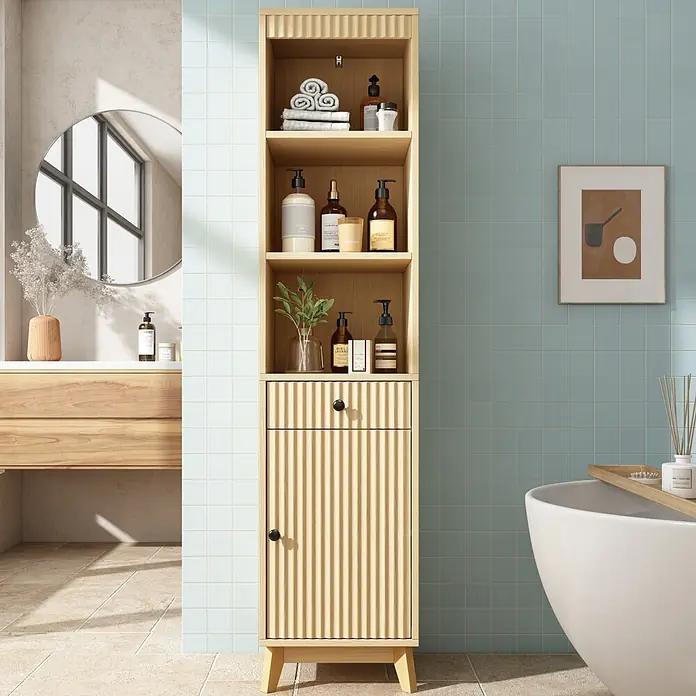 SONNENH Hochschrank 40 x 36 x 172 cm, Naturholzfarben -  - Hoher Badezimmerschrank aus hellem Holz mit offenen Regalen und gerilltem Unterschrank.