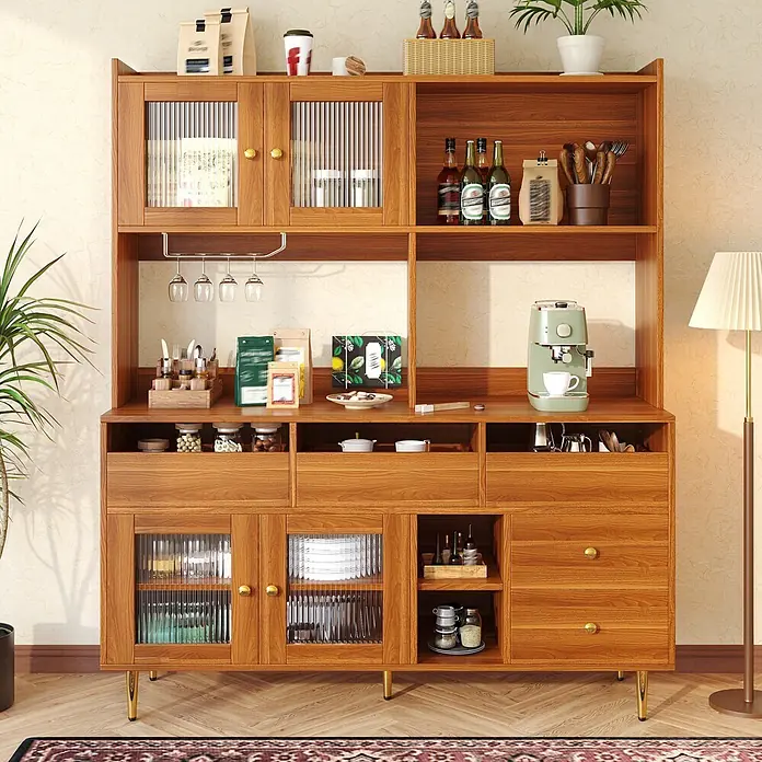 SONNENH Hochschrank 145 x 39 x 171 cm, 10 Fächer, Walnussoptik/Gold -  - Brauner Holzbuffetschrank mit geriffelten Glastüren, Ablagen, Schubladen, goldenen Griffen und Beinen.