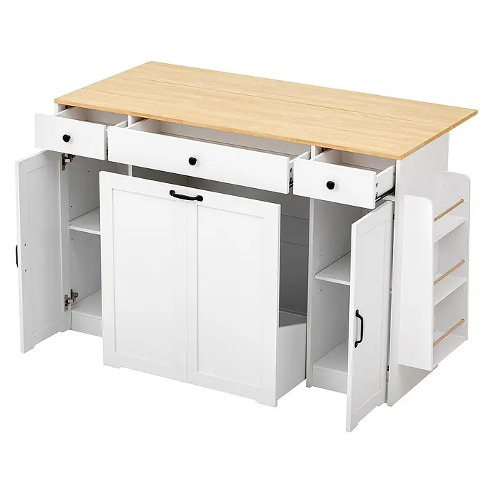 SONNENH Buffetschrank 136 x 65 x 90 cm, Weiß -  - Weiße Kücheninsel mit heller Holzplatte, geöffneten Schubladen, Schränken und Seitenregalen. Bietet vielseitigen Stauraum.