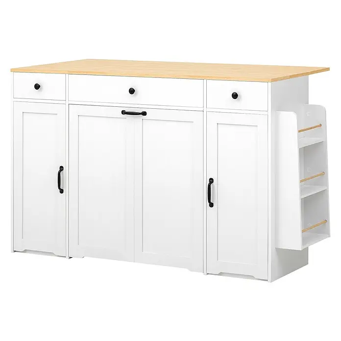 SONNENH Buffetschrank 136 x 65 x 90 cm, Weiß -  - Weiße Kücheninsel mit heller Holzplatte, schwarzen Griffen und einem Seitenregal mit Holzstangen.