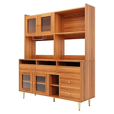 SONNENH Hochschrank 145 x 39 x 171 cm, 10 Fächer, Walnussoptik/Gold