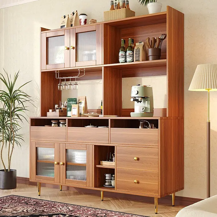SONNENH Hochschrank 145 x 39 x 171 cm, 10 Fächer, Walnussoptik/Gold -  - Dunkler Holzbuffetschrank mit geriffelten Glastüren, Schubladen, offenen Regalen und goldenen Akzenten. Ideal für Küche oder Esszimmer.