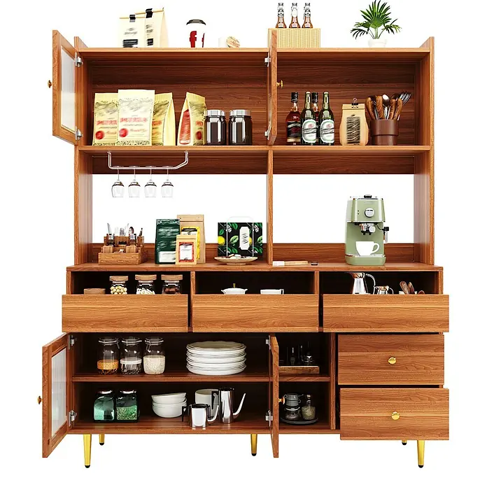 SONNENH Hochschrank 145 x 39 x 171 cm, 10 Fächer, Walnussoptik/Gold -  - Küchenschrank aus Holz mit offenen Regalen, Glastüren und Schubladen, gefüllt mit Küchen- und Getränkeartikeln.