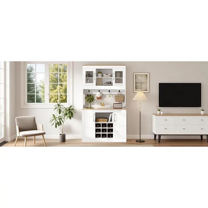 SONNENH Buffetschrank 106 x 39 x 175 cm, 9 Weinfächer, Weiß/Holzoptik -  - Weißes und naturfarbenes Holzbuffet mit Glastüren, Haken und Weinregal.
