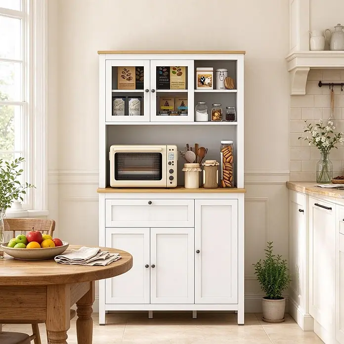 SONNENH Buffetschrank 100 x 40 x 180 cm, Weiß -  - Weißer Küchenschrank mit heller Holzplatte, Mikrowelle, Gläsern und Küchenutensilien in einer warmen Küche.