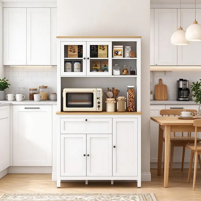 SONNENH Buffetschrank 100 x 40 x 180 cm, Weiß -  - Weißer Küchenschrank mit heller Holzplatte und oberem Regal, mit Glastüren, Schublade und Unterschränken, für Küchenutensilien.