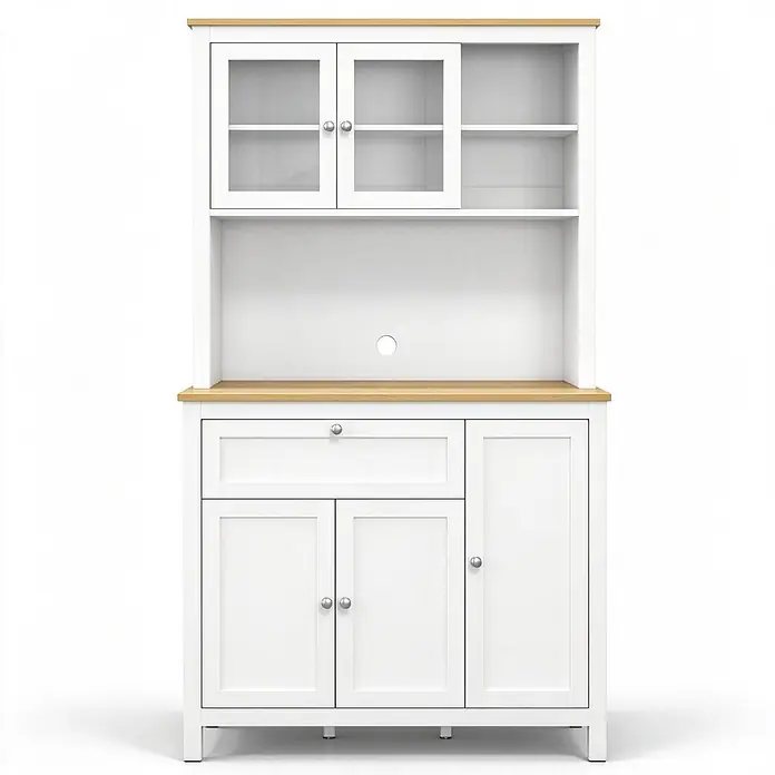 SONNENH Buffetschrank 100 x 40 x 180 cm, Weiß -  - Weißer Küchenschrank mit heller Holzplatte, Glas- und Massivtüren, einer Schublade und offenem Regal.