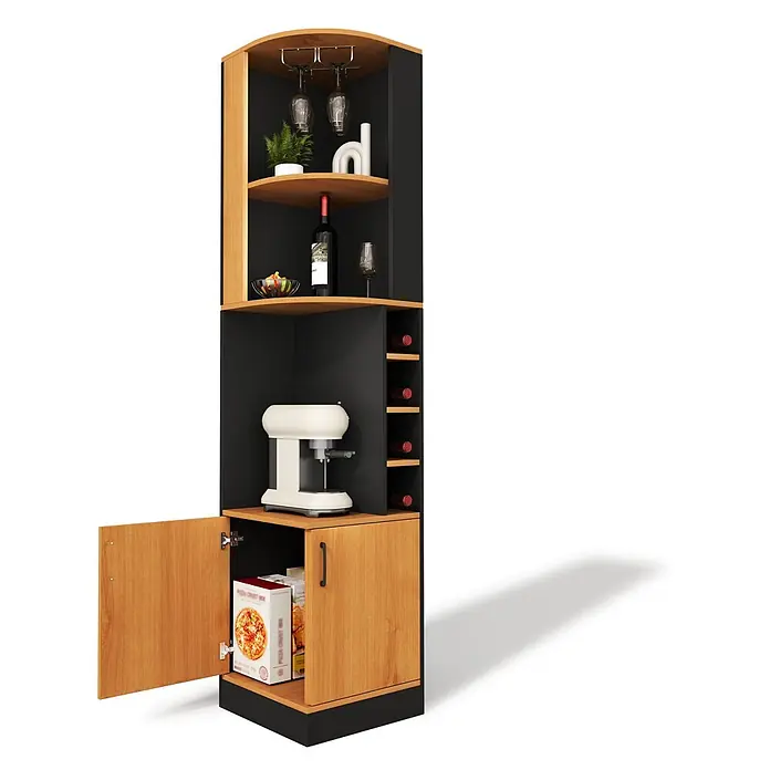 SONNENH Eck-Weinschrank 40 x 40 x 182 cm, Schwarz -  - Ein Eckschrank aus Holz und Schwarz mit Weinglashaltern, Flaschenregal, Kaffeemaschinenablage und geschlossenen Schränken.