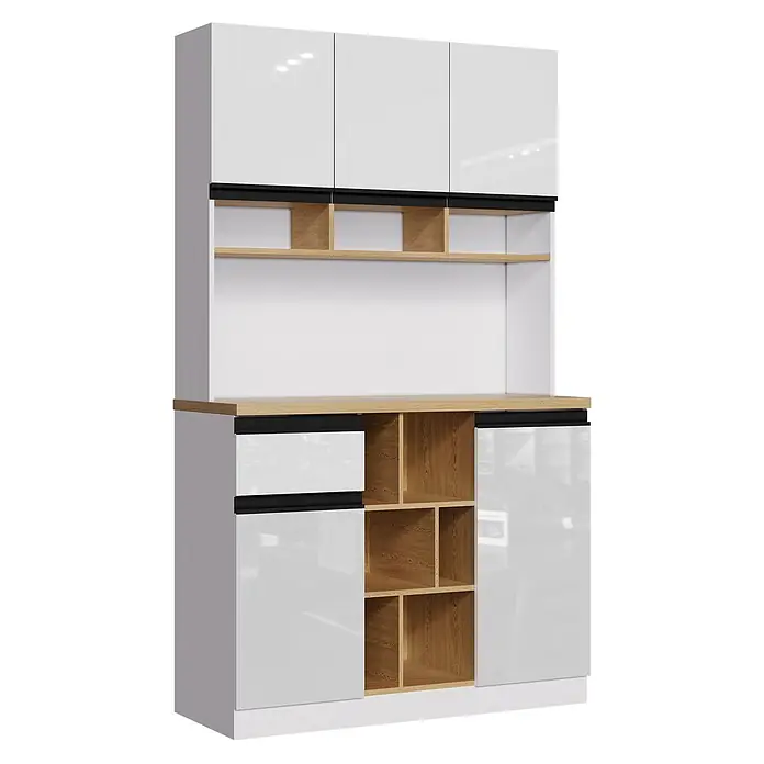 SONNENH Buffetschrank 105x45x185cm, 6 offene Unterfächer, Weiß/Holzoptik -  - Moderne Küchenanrichte mit weißen Hochglanzschränken, hellen Holzregalen und Arbeitsplatte. Mit schwarzen integrierten Griffen.
