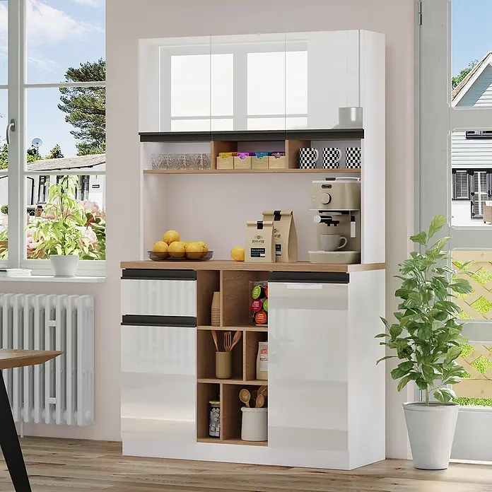 SONNENH Buffetschrank 105x45x185cm, 6 offene Unterfächer, Weiß/Holzoptik -  - Weißer und hölzerner Küchenschrank mit offener Ablage für eine Kaffeestation, glänzenden weißen Türen und funktionalen Fächern.