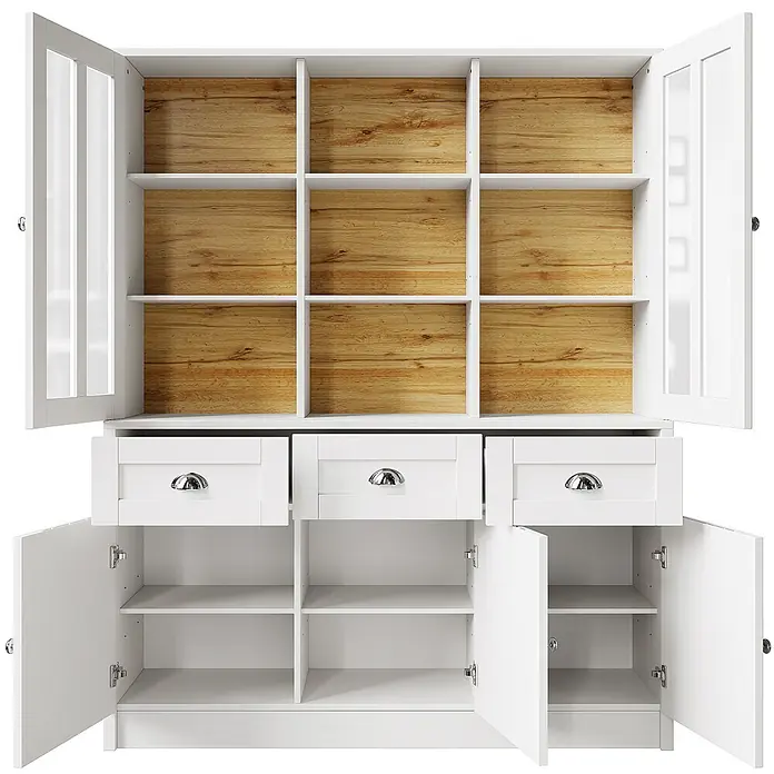 SONNENH Buffetschrank 140 x 38,5 x 175 cm, Weiß -  - Weißer Schrank mit offenen Glastüren, dahinter Regale mit Holzrückwänden, drei Schubladen mit silbernen Griffen und drei offenen Unterschränken mit Regalböden.
