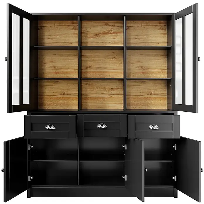 SONNENH Buffetschrank 140 x 38,5 x 175 cm, Schwarz -  - Schwarzer Holzvitrinenschrank mit Glastüren, Holzinterieur, drei Schubladen und drei Unterschränken.