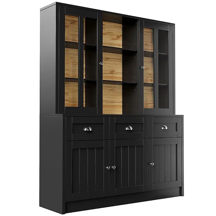 SONNENH Buffetschrank 140 x 38,5 x 175 cm, Schwarz -  - Schwarze Holzvitrine mit verglasten Oberteilen, die Holzrückwände und -böden zeigen, sowie Unterschränken mit Schubladen und Türen.