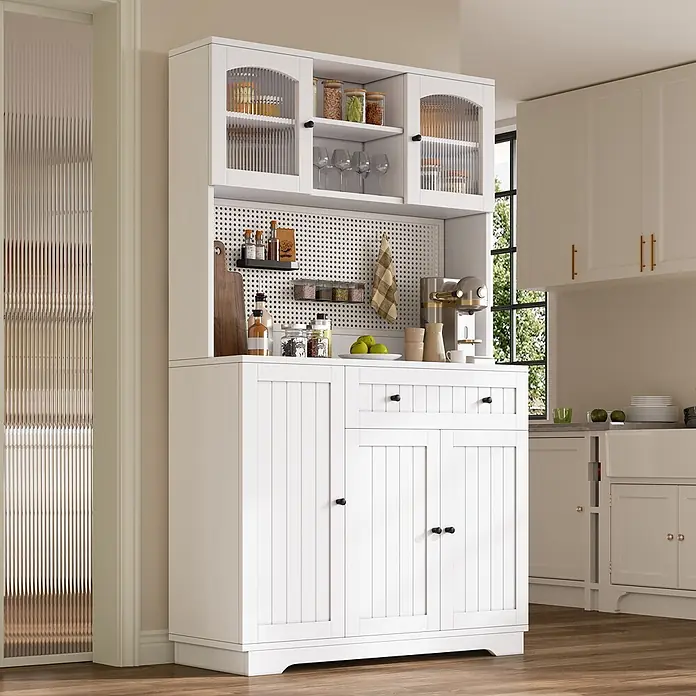 SONNENH Buffetschrank 103,5 x 40 x 180 cm, 10 Fächer, Weiß -  - Weißer Küchenschrank mit geriffelten Glastüren und Lochwand-Rückwand, bietet vielseitigen Stauraum für Küchenutensilien.