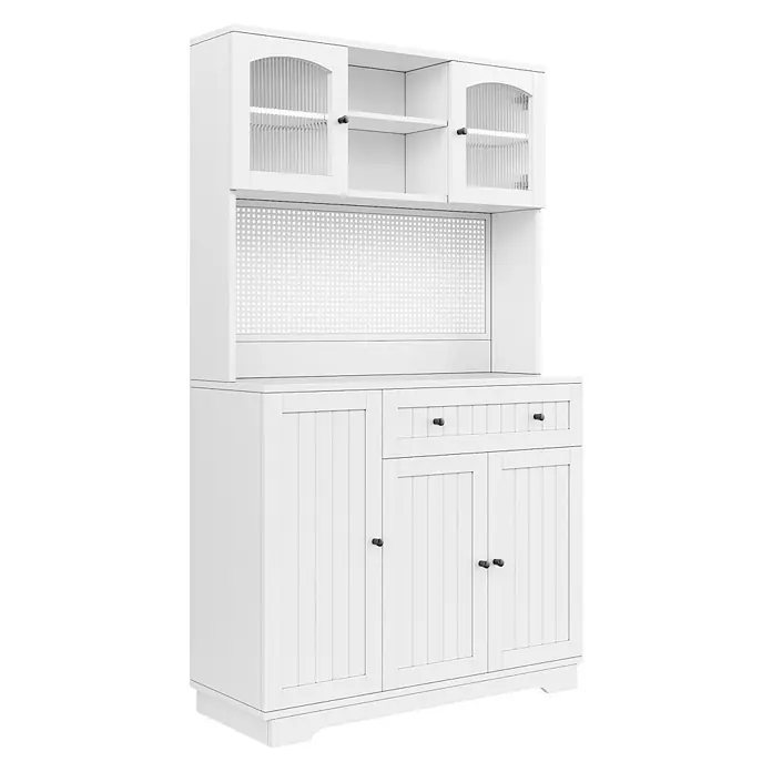 SONNENH Buffetschrank 103,5 x 40 x 180 cm, 10 Fächer, Weiß -  - Weißes Holzbuffet mit Rillenglas-Türen oben, offenem Regal und perforierter Rückwand, über Unterschrank mit Schubladen und Türen.