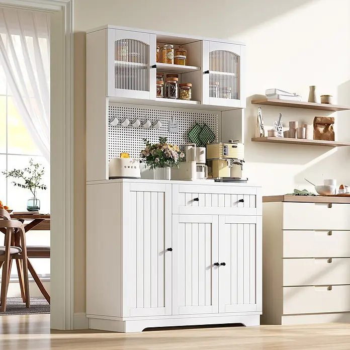 SONNENH Buffetschrank 103,5 x 40 x 180 cm, 10 Fächer, Weiß -  - Weißer Küchenschrank mit Glastüren und Lochplatte, als Stauraum und Kaffeestation genutzt.
