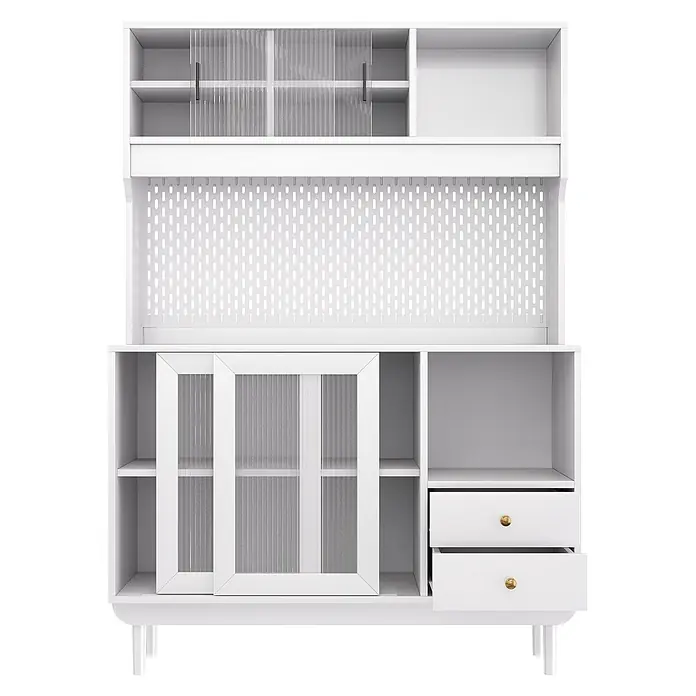 SONNENH Buffetschrank 117 x 30 x 170 cm, Weiß -  - Weißer Stauraumschrank mit geriffelten Glastüren, Lochwand, offenen Fächern und Schubladen mit Goldgriffen.