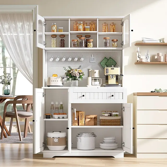 SONNENH Buffetschrank 103,5 x 40 x 180 cm, 10 Fächer, Weiß -  - Weißer Küchenschrank mit Glastüren, offen mit Regalen voller Vorräte und Kleingeräten.