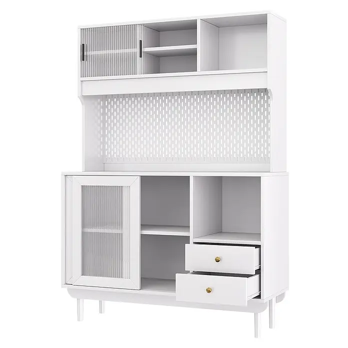 SONNENH Buffetschrank 117 x 30 x 170 cm, Weiß -  - Weißer Holzschrank mit geriffelten Glasschiebetüren, offenen Fächern, Lochwand und Schubladen mit Goldgriffen.