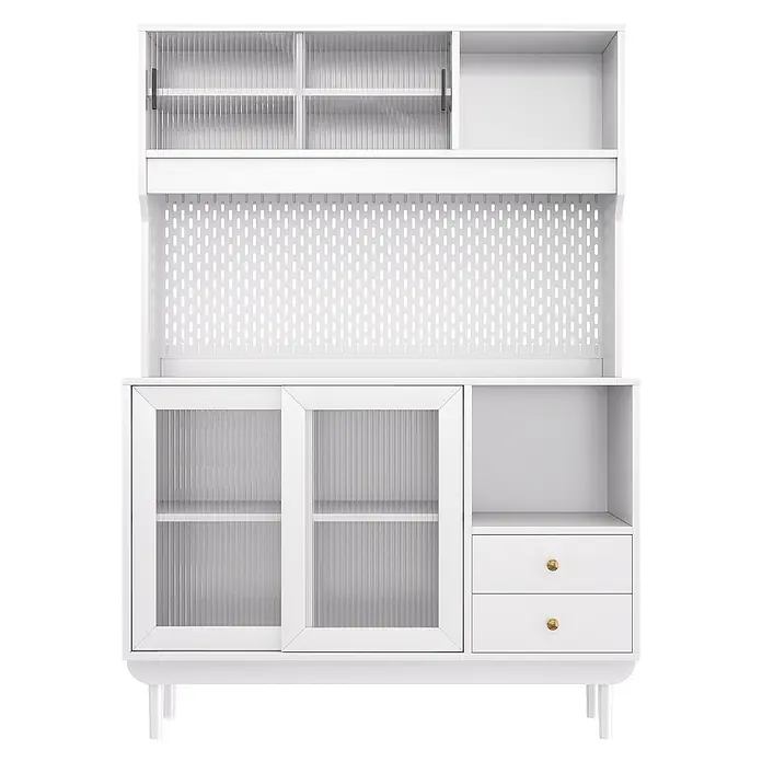 SONNENH Buffetschrank 117 x 30 x 170 cm, Weiß -  - Weißer Schrank mit oberen geriffelten Glastüren, einer Lochwand, unteren Schiebetüren aus Glas, einem offenen Regal und zwei Schubladen mit goldfarbenen Griffen.