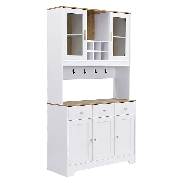 SONNENH Buffetschrank 94,5 x 30 x 175,5 cm, 6 Weinfächer, Weiß/Holzoptik -  - Weißer Anrichtenschrank mit Holz-Optik-Akzenten, Glastüren, Weinregal, Haken und Unterschränken.