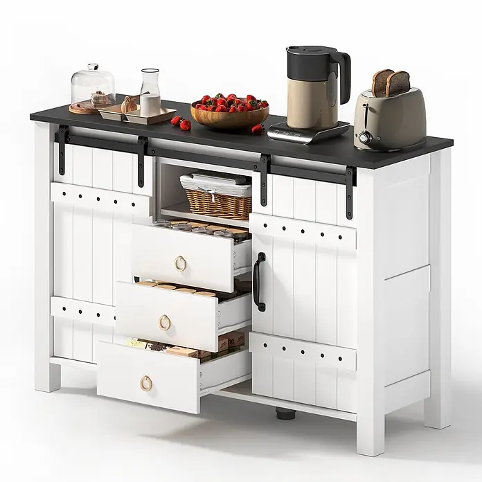 SONNENH Buffetschrank 120 x 40 x 80 cm, Weiß/Schwarz -  - Weißer Küchenschrank mit dunkelgrauer Platte, schwarzen Schiebetüren, drei Schubladen mit Messinggriffen und einem Mittelfach, für Frühstück.