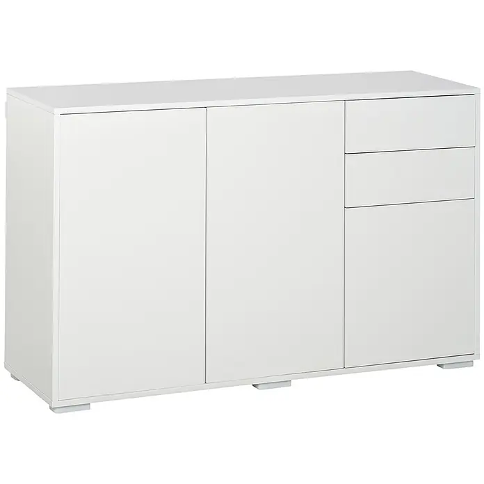 SONNENH Sideboard 117 x 36 x 74 cm, Weiß -  - Weißer Stauraumschrank mit zwei Türen und drei gestapelten Schubladen rechts.