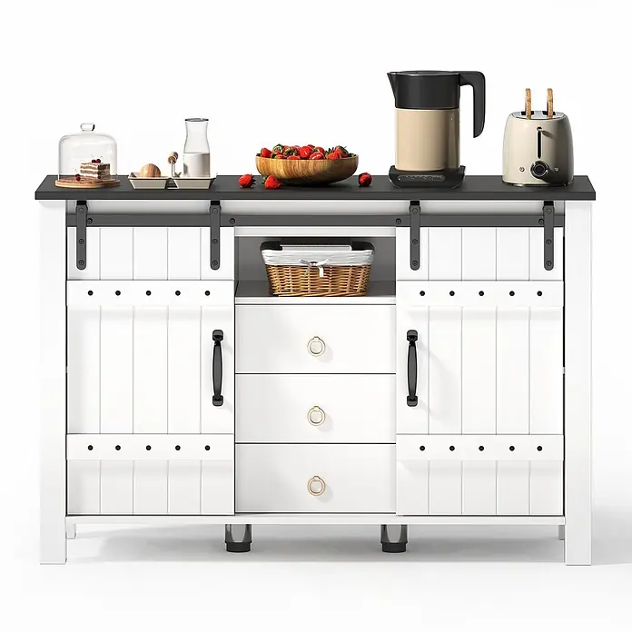 SONNENH Buffetschrank 120 x 40 x 80 cm, Weiß/Schwarz -  - Weiße Kücheninsel mit schwarzer Arbeitsplatte, Scheunentüren und Schubladen, dekoriert mit Frühstücksartikeln.