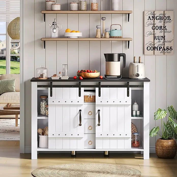 SONNENH Buffetschrank 120 x 40 x 80 cm, Weiß/Schwarz -  - Weißer Küchenbuffetschrank mit Schiebetüren im Scheunentor-Stil, Holzregalen und dunkler Platte, zur Aufbewahrung und Dekoration.