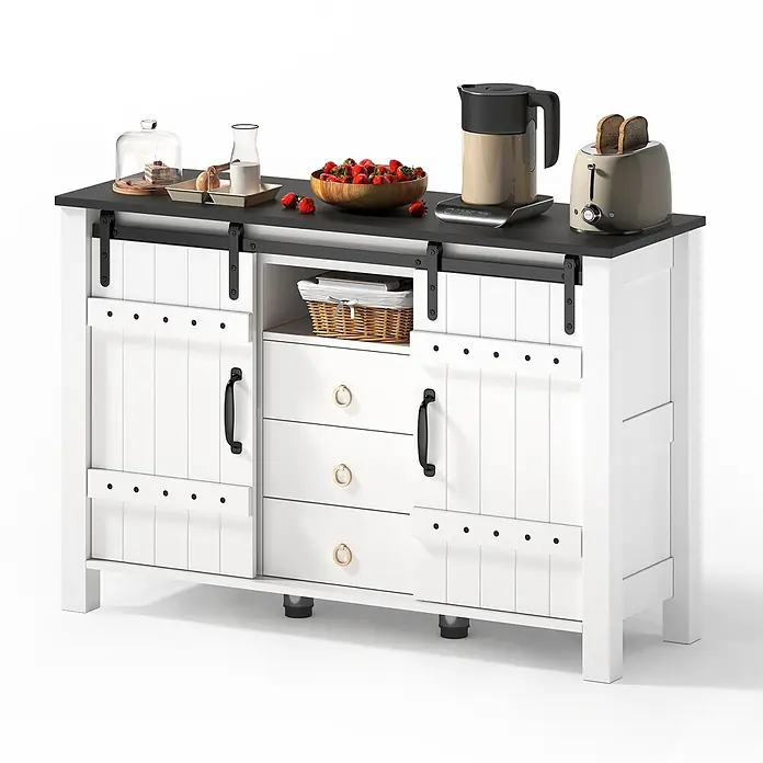 SONNENH Buffetschrank 120 x 40 x 80 cm, Weiß/Schwarz -  - Weiß-dunkelgraues Küchenbuffet mit Schiebetüren, Schubladen und offener Ablage, mit Frühstücksartikeln.