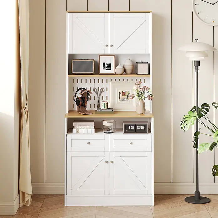 SONNENH Hochschrank 80 x 40 x 175 cm, 4 Unterfächer, Weiß/Natur -  - Weißer Küchenschrank mit Holzregalen und Akzenten, bietet viel Stauraum mit oberen Schränken, offenen Regalen und unteren Schubladen/Türen.