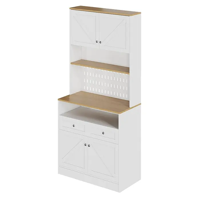 SONNENH Hochschrank 80 x 40 x 175 cm, 4 Unterfächer, Weiß/Natur -  - Weißer Küchenschrank mit Holzoptik-Arbeitsplatten/-Regalen, Lochwand und Scheunentor-Design.