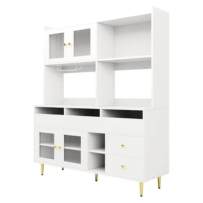 SONNENH Buffetschrank 145 x 39 x 171 cm, 10 Fächer, Weiß -  - Weißer Buffetschrank mit geriffelten Glastüren, goldenen Griffen/Beinen, offenen Fächern, Schubladen und Weinglashalterung.