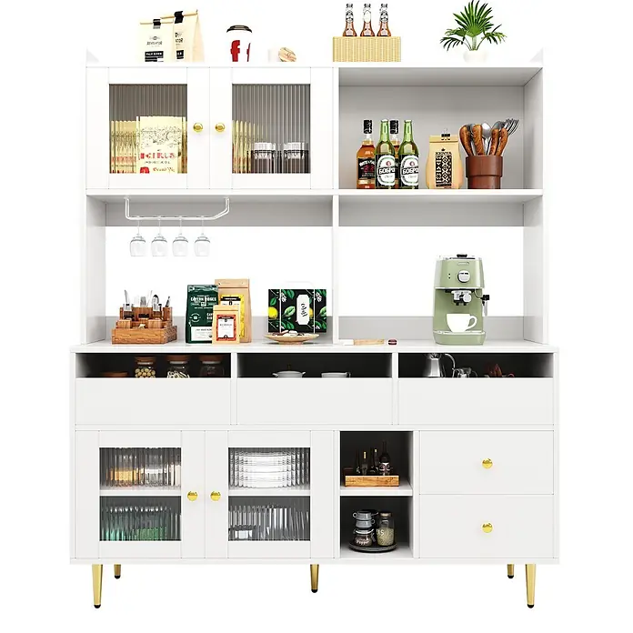 SONNENH Buffetschrank 145 x 39 x 171 cm, 10 Fächer, Weiß -  - Weißer Küchenschrank mit goldenen Griffen und Beinen, offenen Regalen, Schubladen und geriffelten Glastüren für vielseitigen Stauraum.