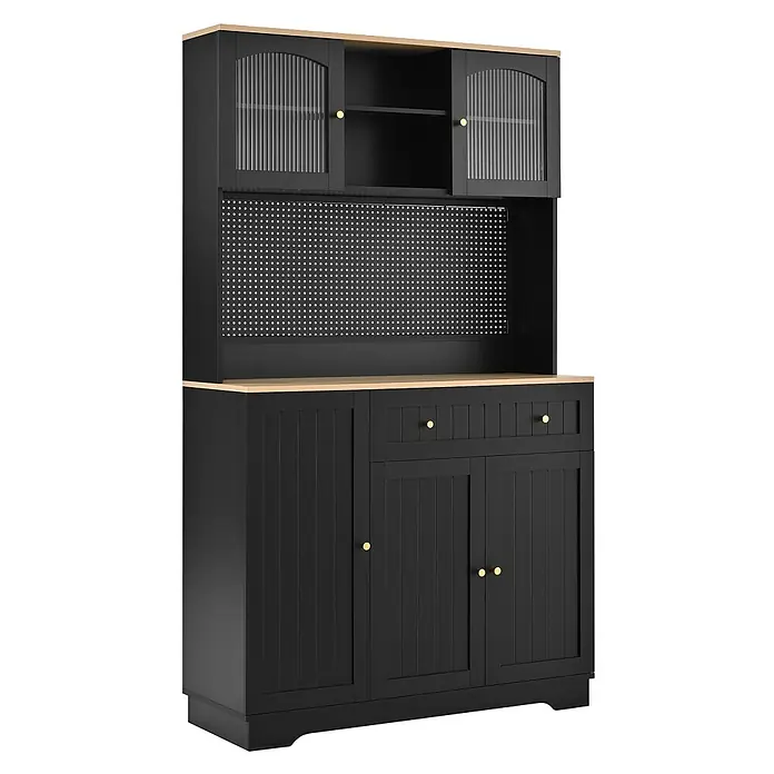 SONNENH Buffetschrank 103,5 x 40 x 180 cm, 10 Fächer, Schwarz/Natur -  - Schwarzes Küchenbuffet mit heller Holzplatte, gerippten Glastüren, Lochplatte, Schubladen und goldfarbenen Knäufen zur Aufbewahrung.