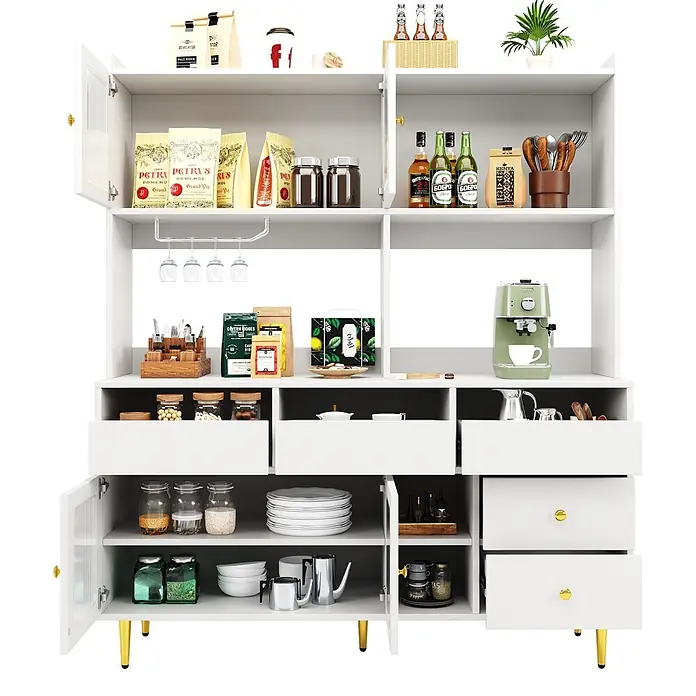 SONNENH Buffetschrank 145 x 39 x 171 cm, 10 Fächer, Weiß -  - Weißer Küchenschrank mit goldenen Griffen und Beinen, Glastüren, offenen Regalen und Schubladen, gefüllt mit Küchenutensilien.