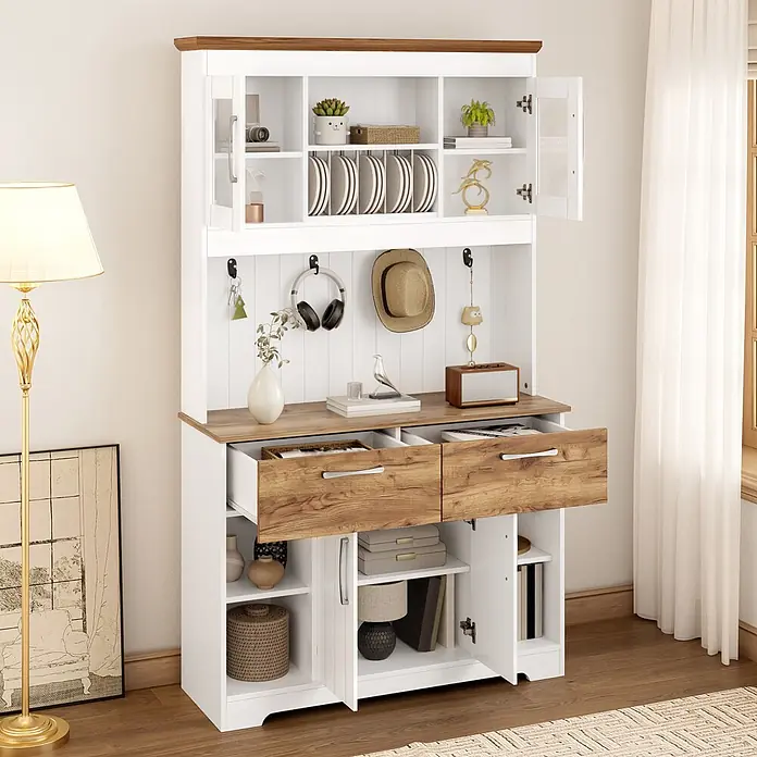 SONNENH Buffetschrank 106x39x176,5cm, 4 offene Unterfächer, Weiß/Holzoptik -  - Weißer Vitrinenschrank mit Holzplatte und Schubladen, offenen Regalen, Glastüren und Haken.