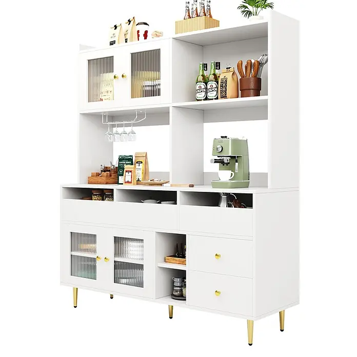 SONNENH Buffetschrank 145 x 39 x 171 cm, 10 Fächer, Weiß -  - Weißer Küchenbuffet mit gerillten Glastüren, goldenen Griffen und Beinen, mit offenen Regalen, Schubladen und Weinglashalterung.