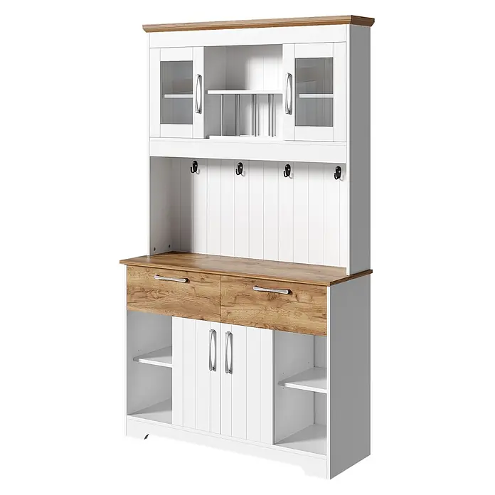 SONNENH Buffetschrank 106x39x176,5cm, 4 offene Unterfächer, Weiß/Holzoptik -  - Weißer Küchenschrank mit Holzdekor, Glastüren oben, Haken und unteren Ablagen.
