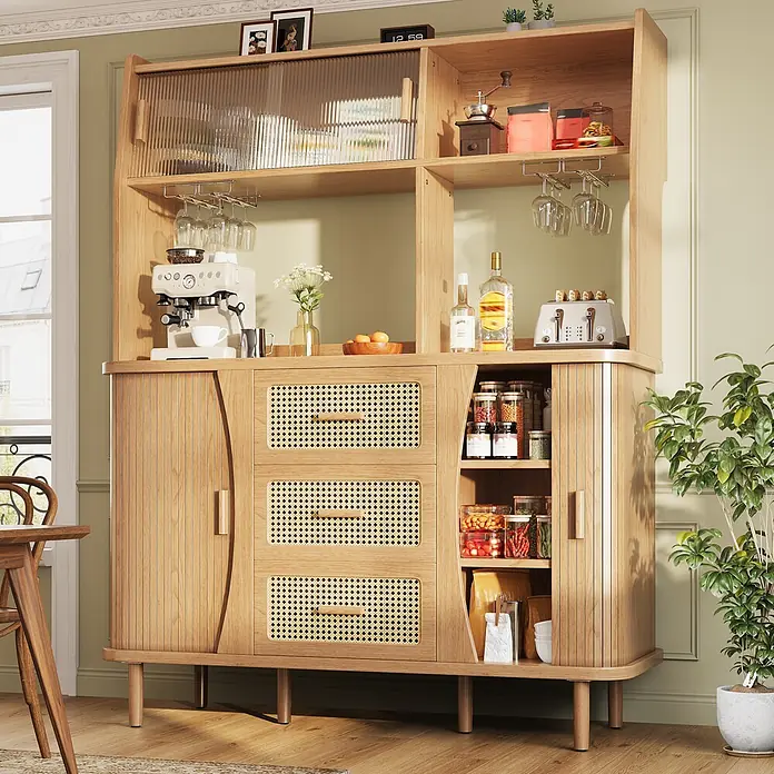 SONNENH Buffetschrank 140 x 40,5 x 174,5 cm, 4 Einlegeböden, Natur -  - Ein Küchenbuffet aus hellem Holz mit Rattan-Schubladen und geriffelten Glastüren, als vielseitiges Aufbewahrungs- und Kaffeebar-Möbelstück.