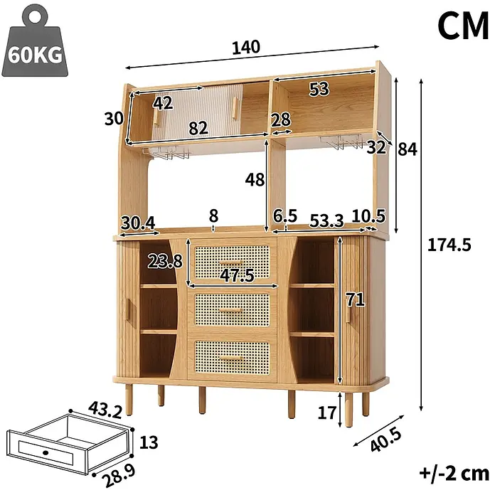 SONNENH Buffetschrank 140 x 40,5 x 174,5 cm, 4 Einlegeböden, Natur -  - Hellholz-Anrichte mit oberen Regalen, Glashaltern, drei Rattanschubladen und unteren Schränken, vielfältiger Stauraum.