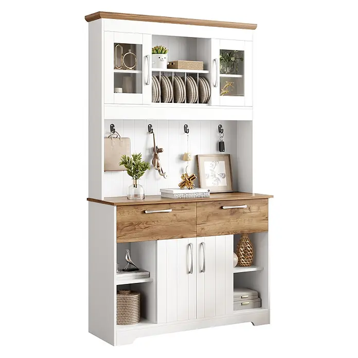 SONNENH Buffetschrank 106x39x176,5cm, 4 offene Unterfächer, Weiß/Holzoptik -  - Weiß-holzfarbener Buffetschrank mit Glastüren, Schubladen und offenem Stauraum. Ideal für Küche oder Flur.